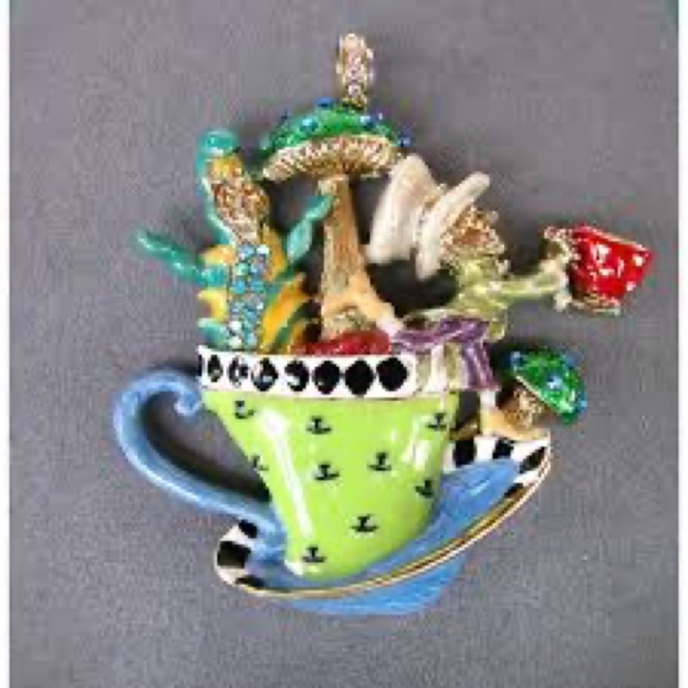 Whimsical Mad Hatter Tea Party Enamel Teacup Brooch - Picture 3 of 4